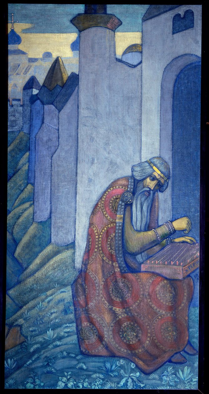 Den russiske barden Boyan som spilte gousli (gusli, housli, husli) på 1000-tallet. Maleri av Nicolas (Nicholas) Roerich (1874-1947), tempera på lerret av Nicholas Roerich