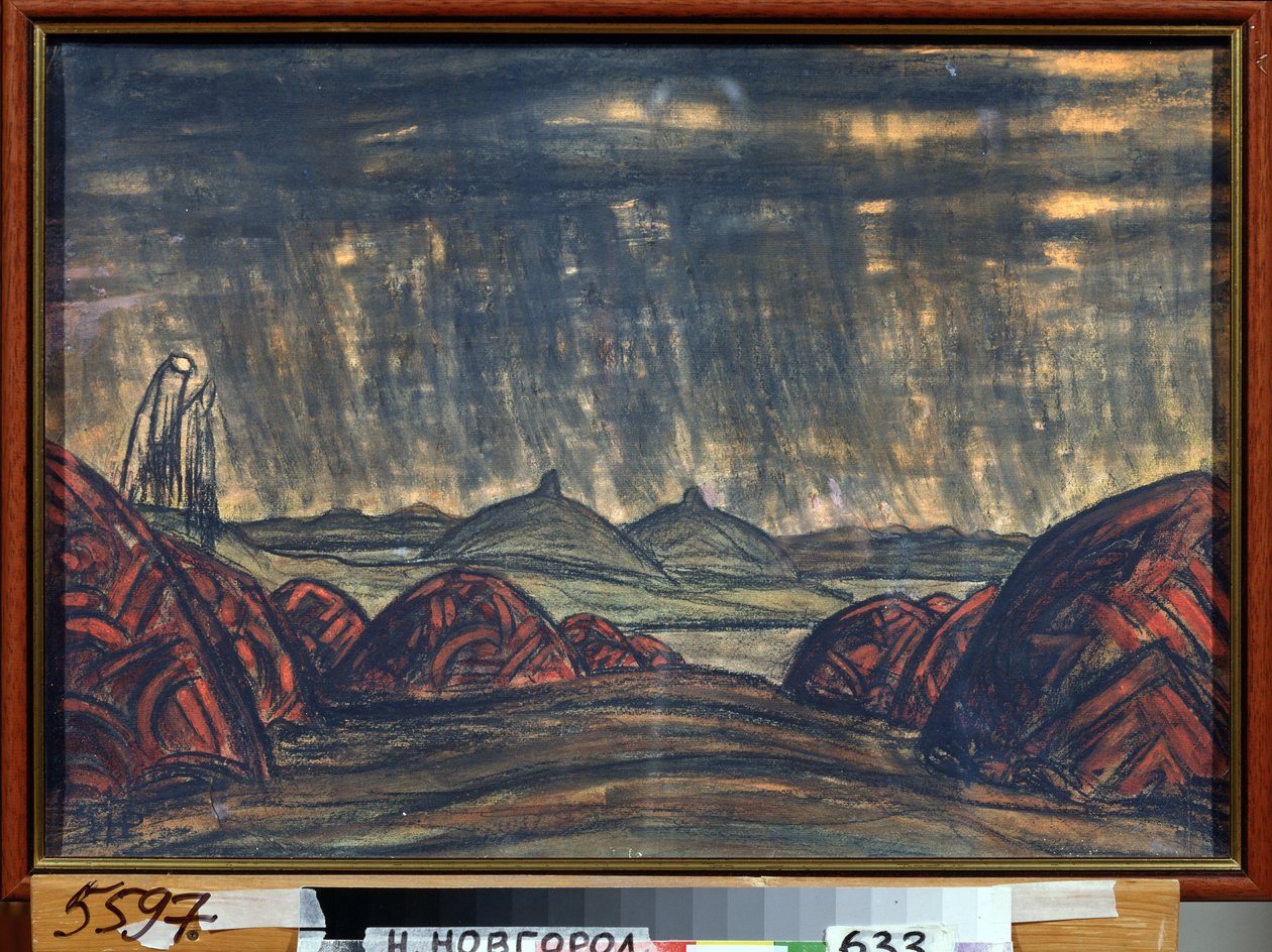 Polovtsien-leiren (eller Couman, Kouman). Forberedende dekor for operaen Prins Igor av Alexandre Borodin (Borodin) (1833-1887). Verk av Nicholas Roerich (1874-1947), pastell på papp av Nicholas Roerich