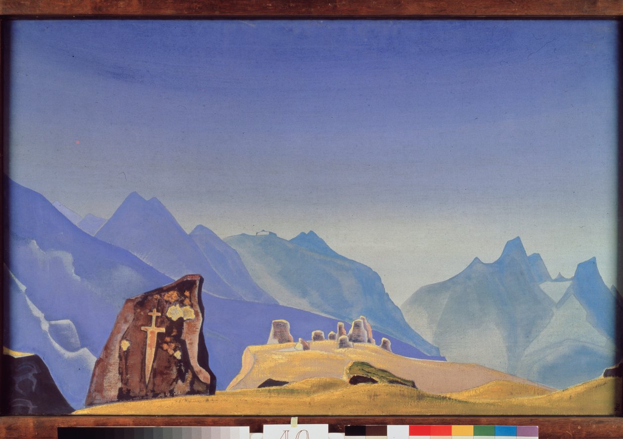 Sverdet til Gesar Khan (eller kong Gesar av Ling, mongolsk og tibetansk helt). (Klippegrav på toppen av Himalaya-kjeden). Verk av Nicolas (Nicholas) Roerich (1874-1947) tempera på lerret av Nicholas Roerich