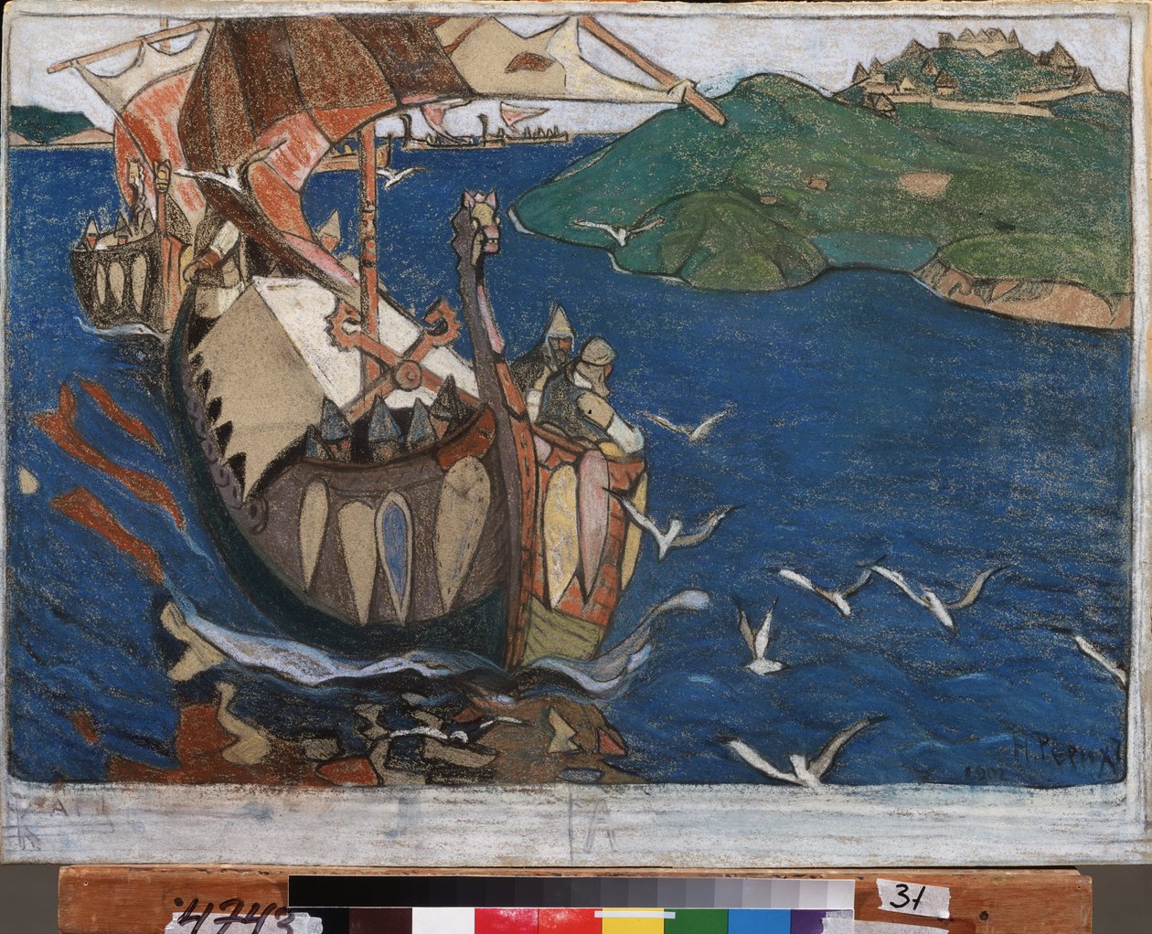 Oversjøiske besøkende. Varangianerne (eller Rus) i Russland. danske og svenske vikinger, som reiste gjennom hele elvesystemet i de østlige territoriene og bygde fort. Verk av Nicholas Roerich (1874-1947), tempera på papp av Nicholas Roerich
