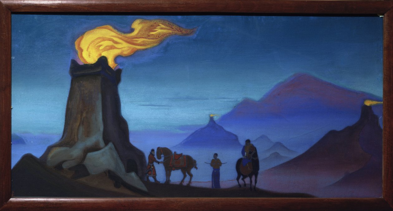 Seierens flammer. (Silhuetter av ryttere i Himalaya-fjellene, kveld). Verk av Nicholas Roerich (1874-1947), tempera på lerret av Nicholas Roerich