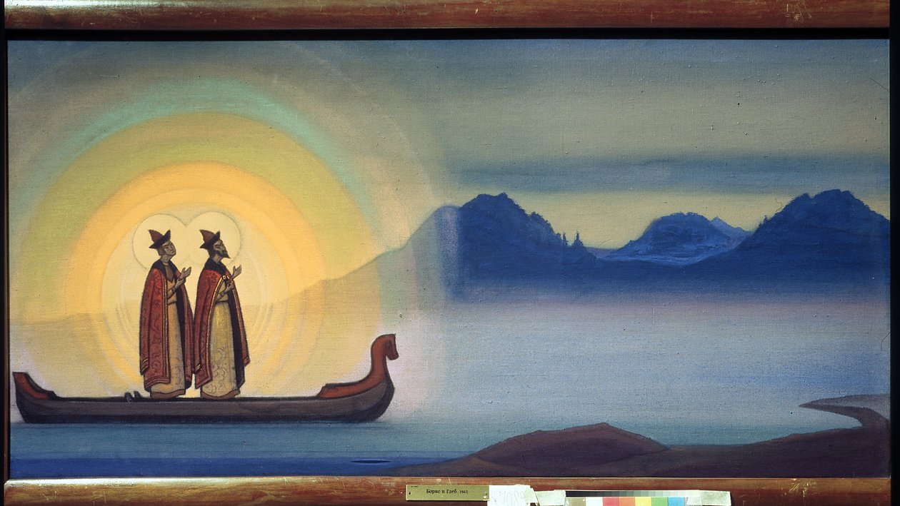 De hellige Boris og Gleb. (Brødre myrdet mellom 1015 og 1019, de er de første helgenene i Russland, kanonisert i 1071). Maleri av Nicolas (Nicholas) Roerich (1874-1947), teampera på lerret av Nicholas Roerich