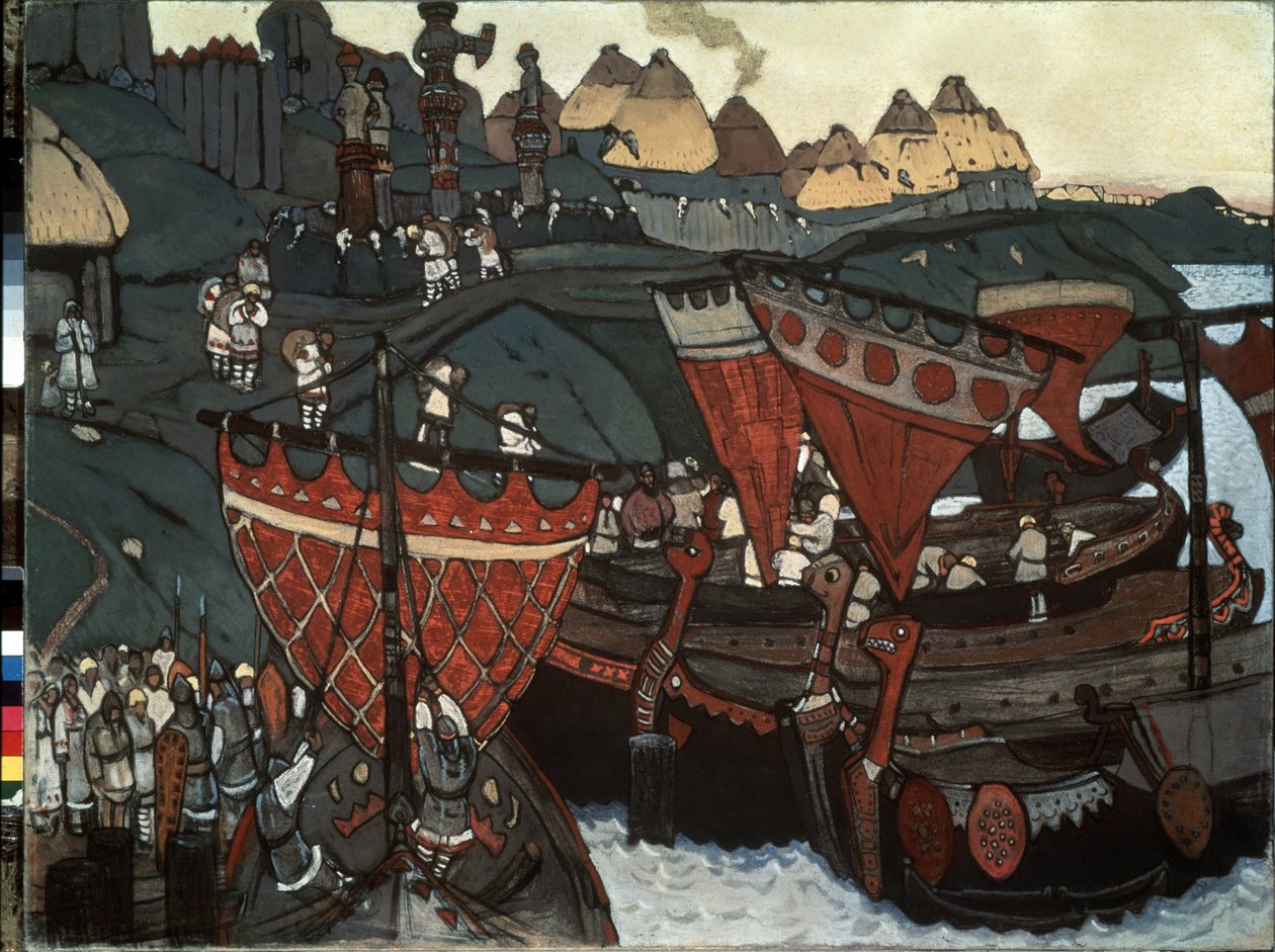 Slaverne ved Dnepr: Varangianere (eller russere) som låner elven (slaverne ved Dnepr). Verk av Nicholas Roerich (1874-1947), tempera og pastell på papp av Nicholas Roerich