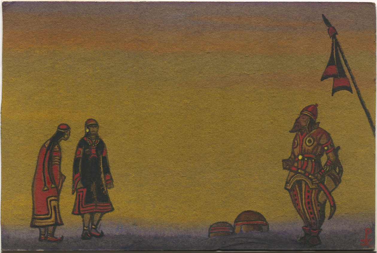 Polovtsians, Polovtsian and Maidens, kostymedesign for "Polovtsian Dances" fra Borodins opera "Prince Igor", 1943 av Nicholas Roerich