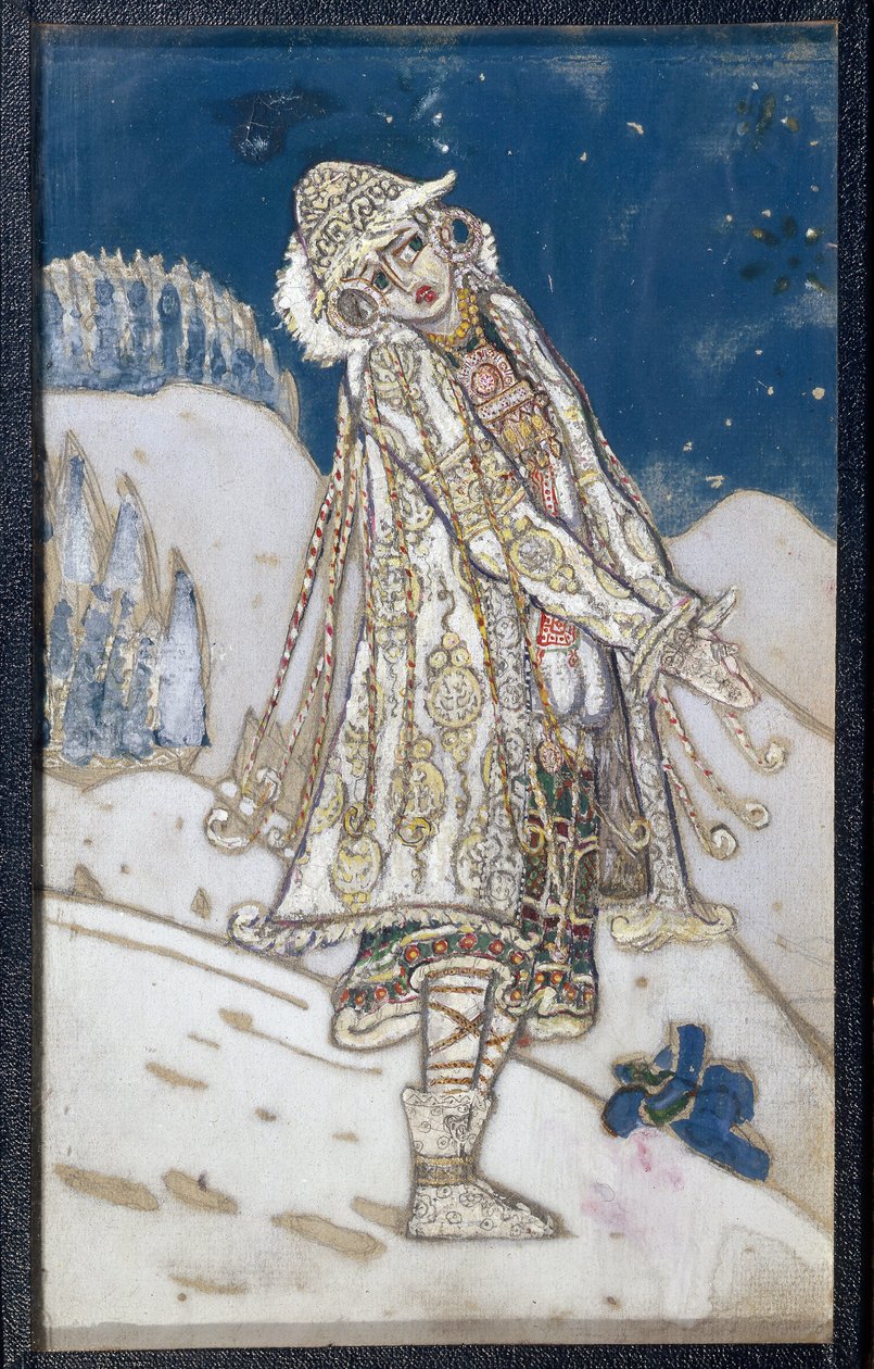Kostymeprosjekt for stykket La demoiselle des neiges av Alexandre Ostrovski (1823-1886). (Kostumedesign for teaterstykket Snow Maiden, av A. Ostrovsky). Verk av Nicholas Roerich (1874-1947), tempera på papir av Nicholas Roerich