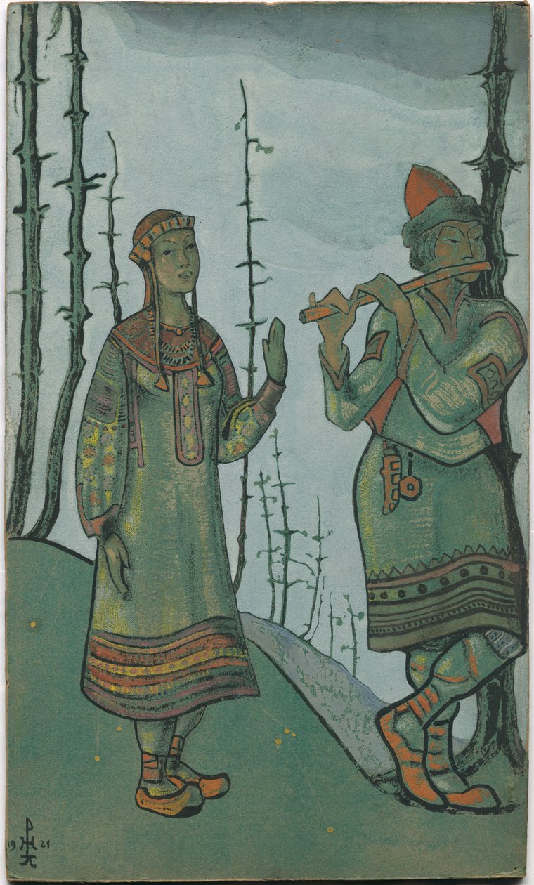 The Snow Maiden and Lel, kledd som design for Rimsky-Korsakov, fra operaen The Snow Maiden, 1921 av Nicholas Roerich