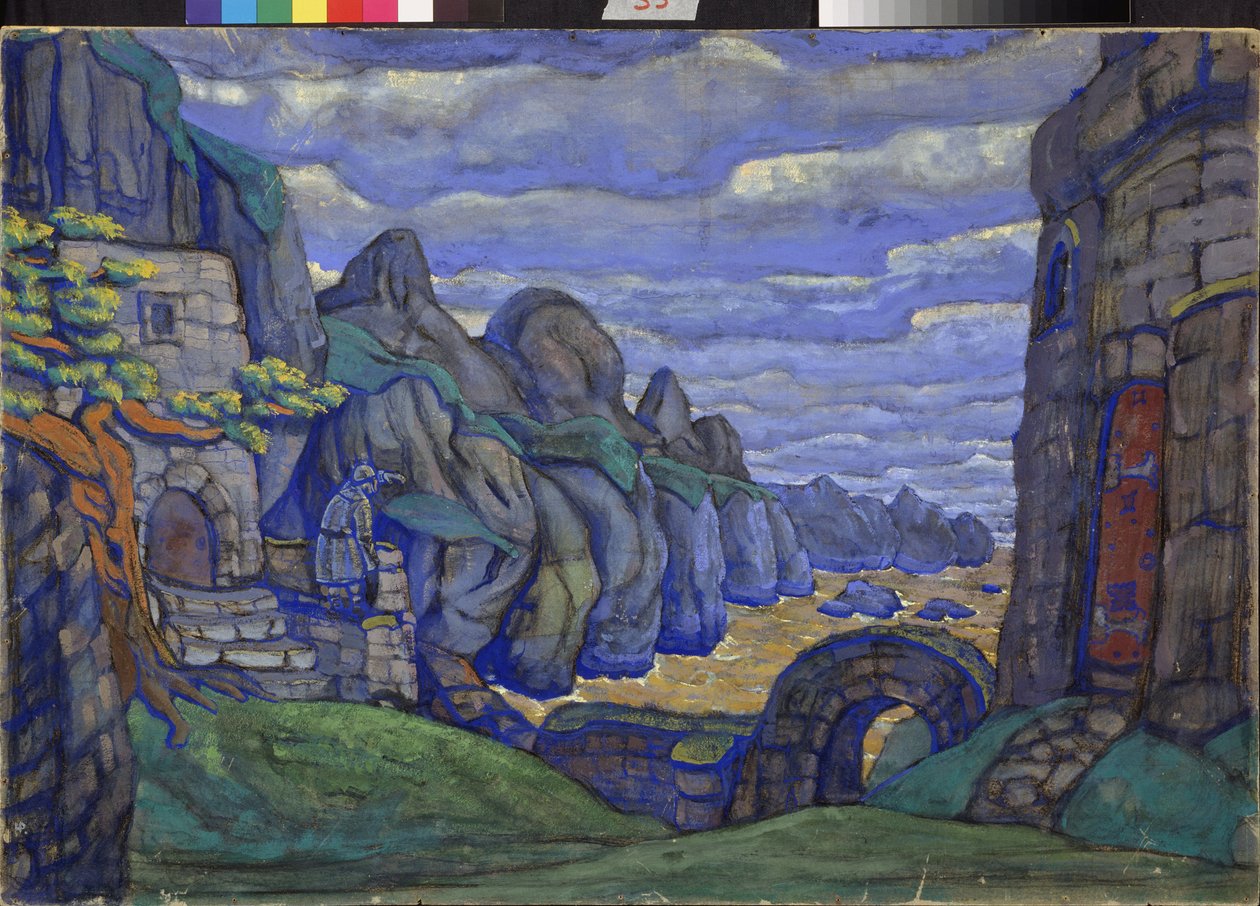 Landsby ved havet Forberedende dekor til operaen Tristan og Isolde av Richard Wagner (1813-1883). Verk av Nicholas Roerich (1874-1947), gouache og tempera på papp av Nicholas Roerich