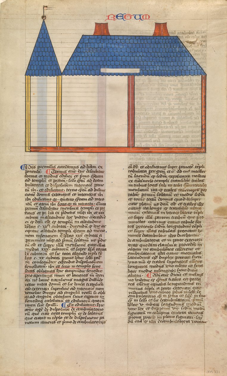 Forhøyning av Salomos tempel, ett av seks illustrerte blader fra Postilla..., ca. 1360-1380. av Nicholas of Lyra