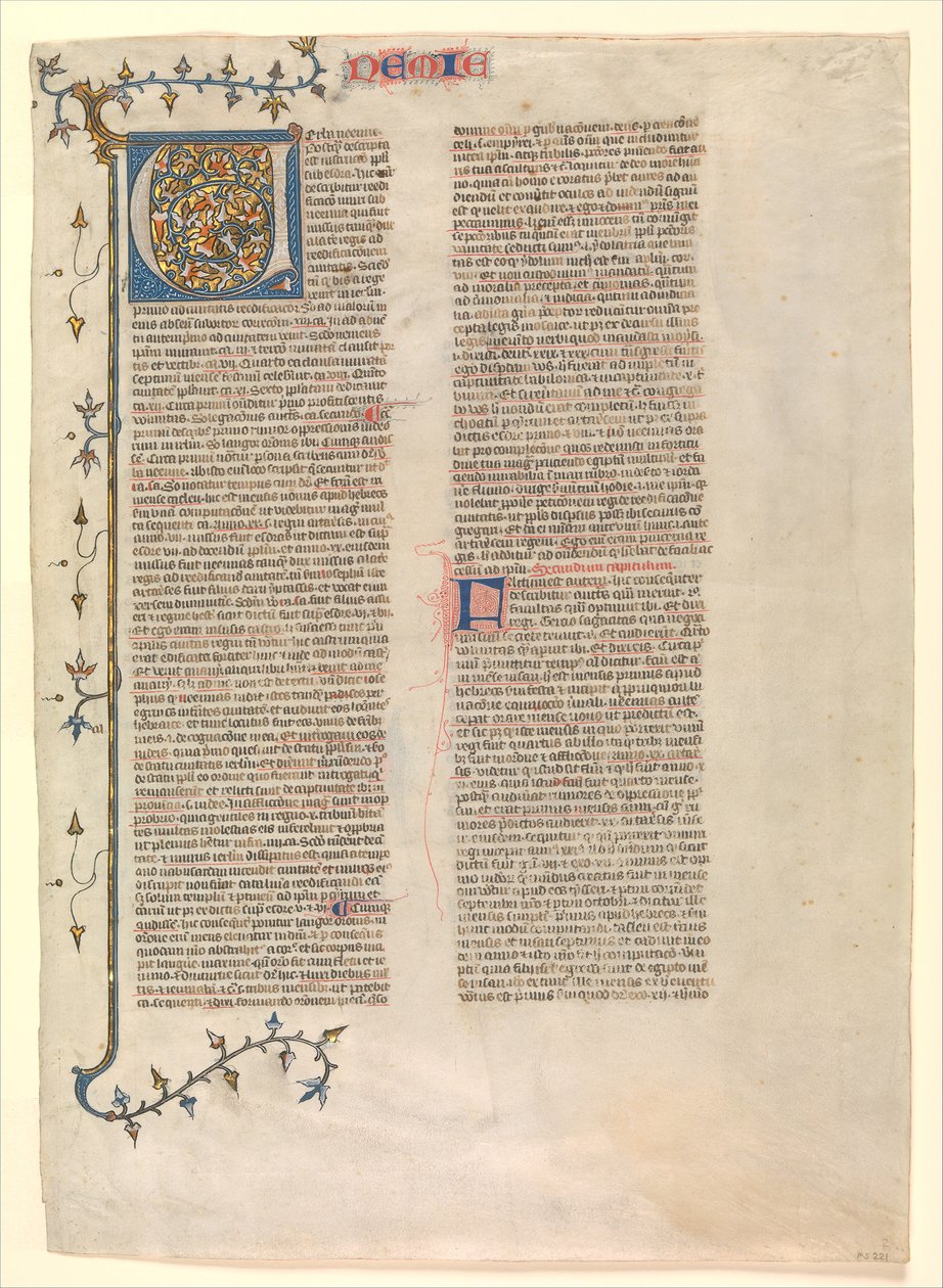 Innledende V fra kommentaren til Nehemia, ett av seks illustrerte blader..., ca. 1360-1380. av Nicholas of Lyra