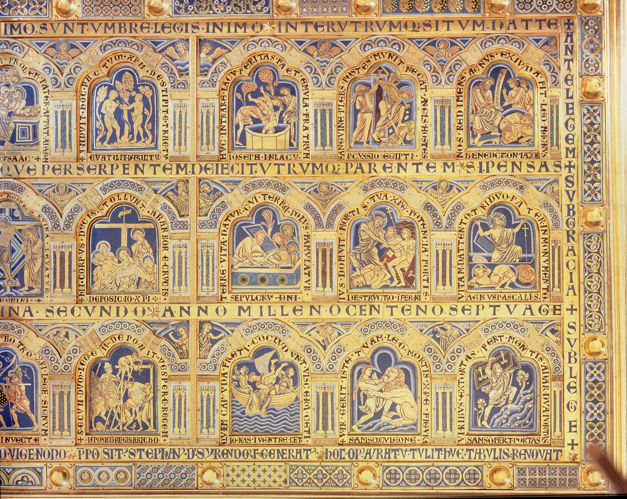 Verdun-alteret, som viser bibelske scener, 1181 (champleve-emaljeverk) (høyre del av sentralpanelet) (for andre paneler, se 146819, 146820 og 146822) av Nicholas of Verdun