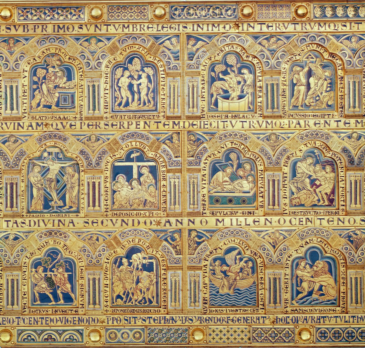Verdun-alteret, detalj av dekorative paneler som viser bibelske scener, champleve-emaljeverk fra 1181 av Nicholas of Verdun