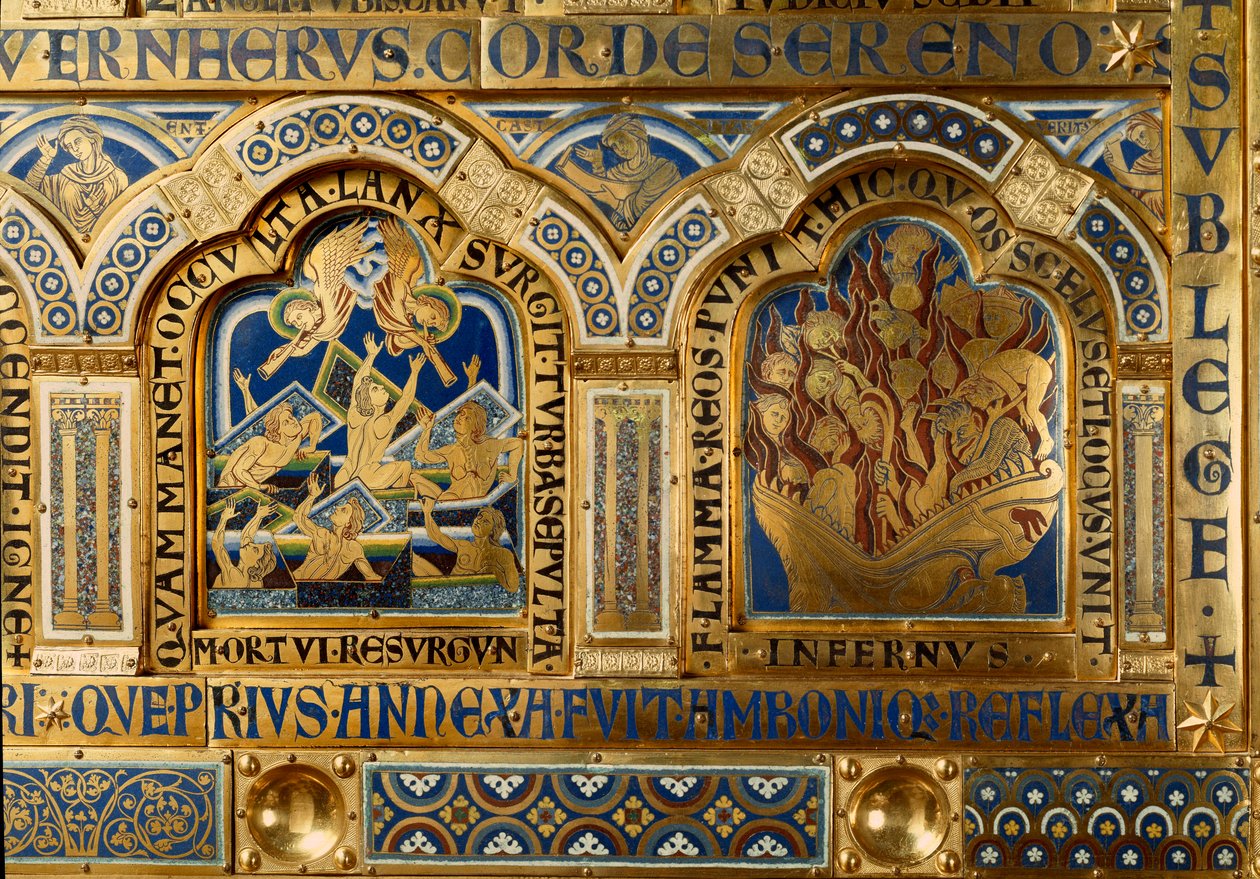 Verdun-alteret laget i gull og enamaille av Nicolas de Verdun (ca.1130/50-1205): scener fra Det gamle og nye testamente: detalj som viser de døde som forlater graven sin på den siste dommens dag og forbannelsene som brenner i flammene av helvete. 1100-tall av Nicholas of Verdun