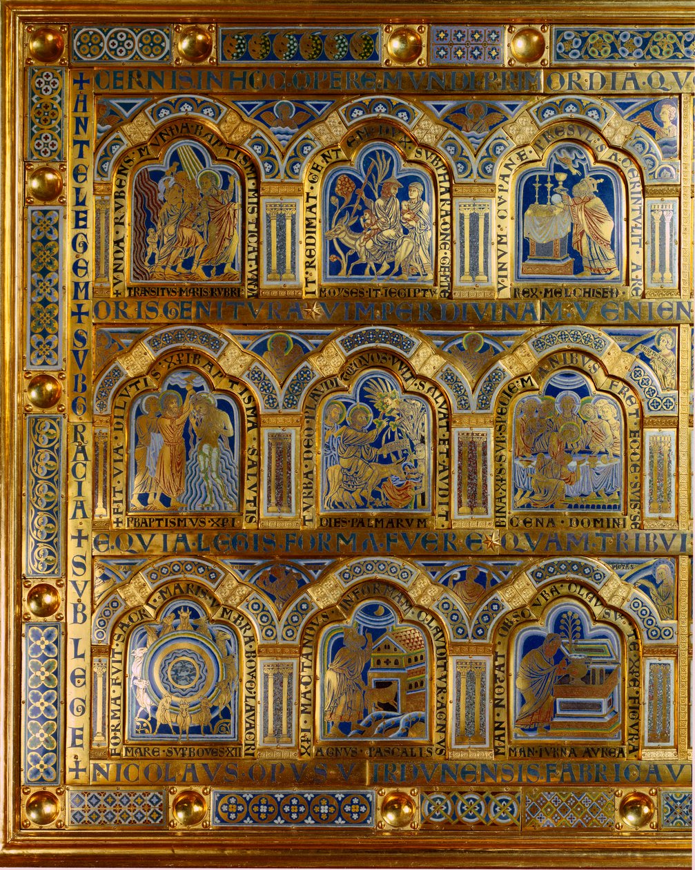 Verdun-alteret laget i gull og emalje av Nicholas av Verdun (ca. 1130/50-1205): scener fra Det gamle og nye testamente (krysser Rødehavet, kong Melkisedek), Kristi dåp, t. av Nicholas of Verdun