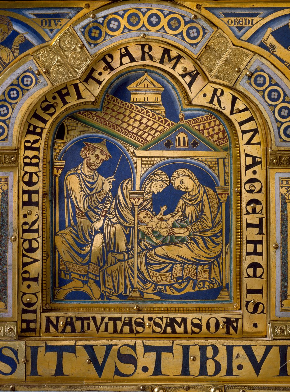 Verdun-alteret laget i gull og emalje av Nicolas de Verdun (ca.1130/50-1205): scener fra Det gamle og nye testamente: detaljer som representerer Samsons fødsel. Klosterneuburg Wien, Østerrike fra 1100-tallet - Verdun-alteret, emalje på forgylt kobber, av N av Nicholas of Verdun