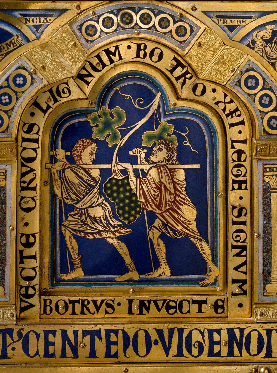 Verdun-alteret laget i gull og emalje av Nicolas de Verdun (ca.1130/50-1205): scener fra Det gamle og nye testamente: detalj som representerer Josue og Kalebs tilbakekomst med en enorm drueklase fra Kanaans land (lovet Land). 1100-tallet Klostern av Nicholas of Verdun