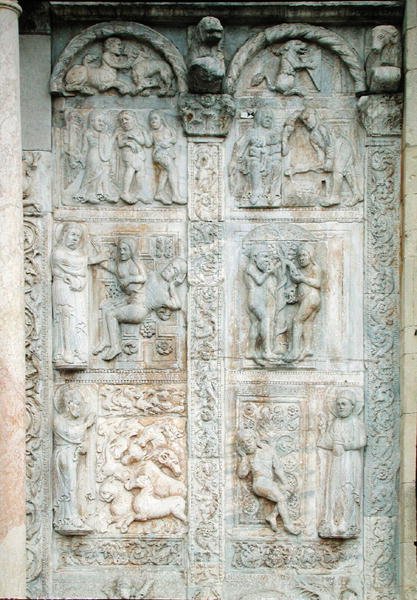 Historien om Adam og Eva, fra sørsiden av den vestlige verandaen, ca. 1120-38 (marmor) av Nicholaus Nicholaus
