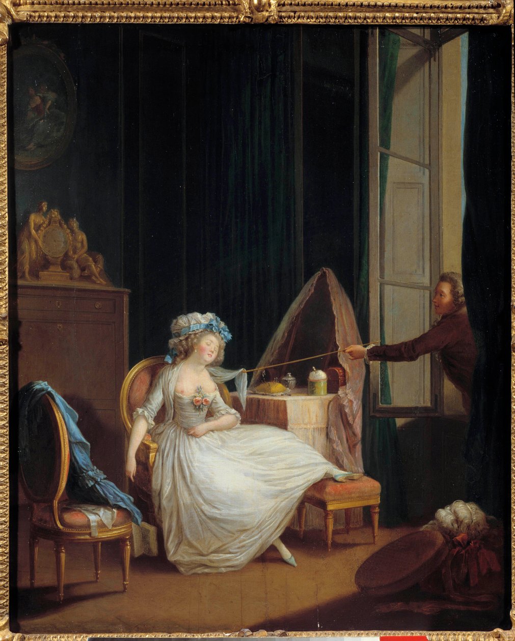 Frivol kjærlighet En mann oppdager brystet til en ung kvinne som sover på brystet hennes. Maleri av Niklas Lavreince (1737-1807). Paris fra 1700-tallet. Musee Cognacq Jay av Niclas II Lafrensen