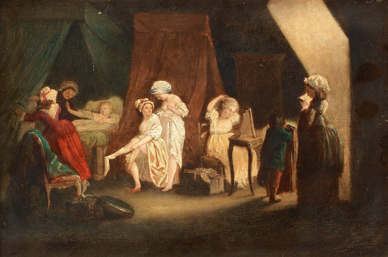 Lever des ouvrieres en mode, av Lafrensen, Niklas (Nicolas Lavreince eller Lavrince) (1737-1807). Olje på tre, størrelse: 27x39, , Privat samling av Niclas II Lafrensen