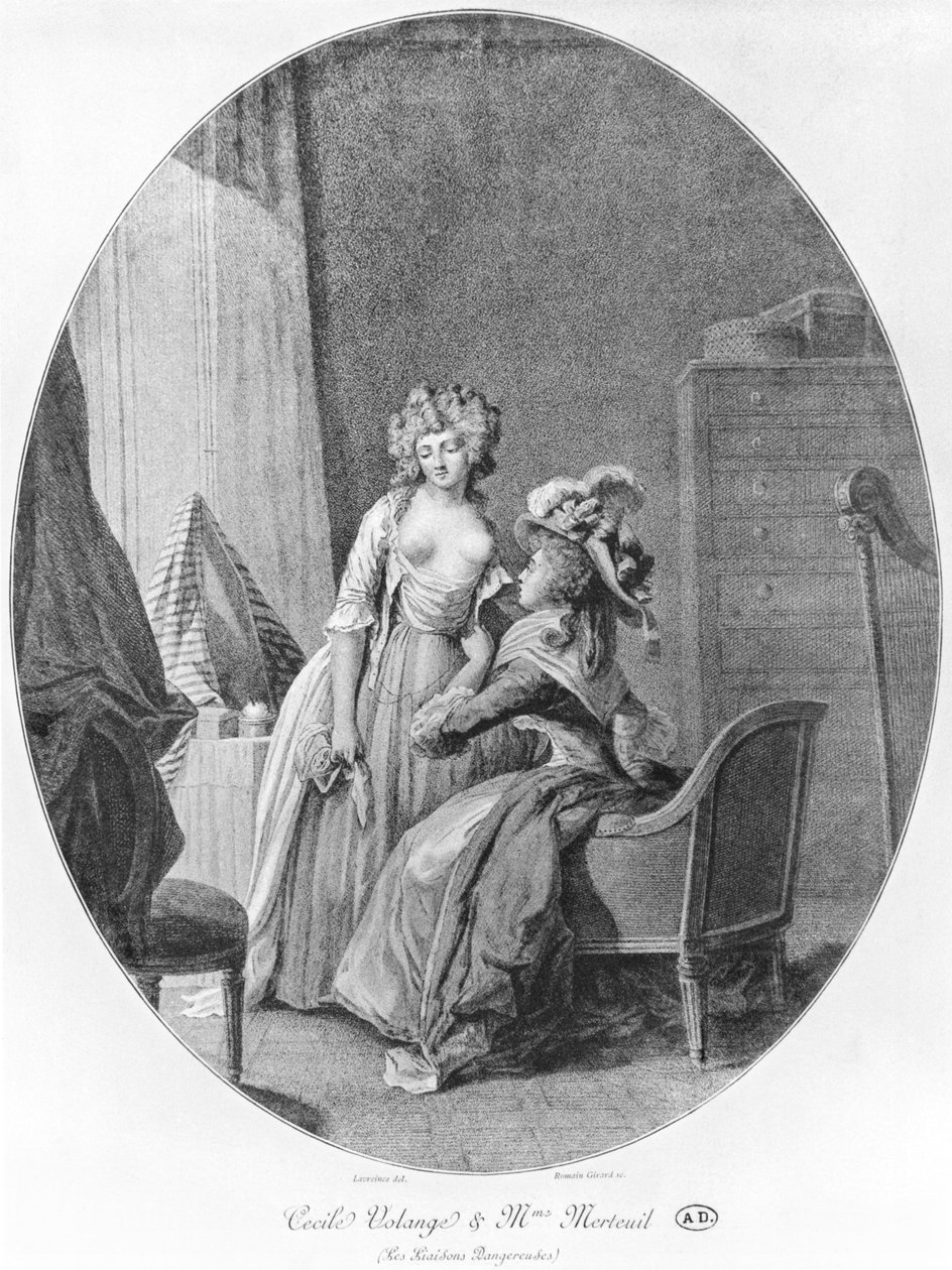 Madame de Merteuil forfører Cecile Volange, illustrasjon fra 'Les Liaisons Dangereuses' av Pierre Choderlos de Laclos (1741-1803) gravert av Romain Girard (f.v.t. 1751) 1782 av Niclas II Lafrensen