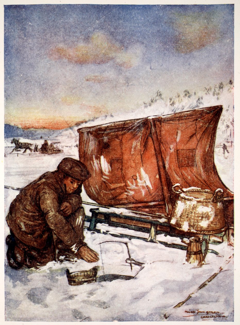 Fiske gjennom isen på Christianiafjorden, 1905 av Nico Jungman