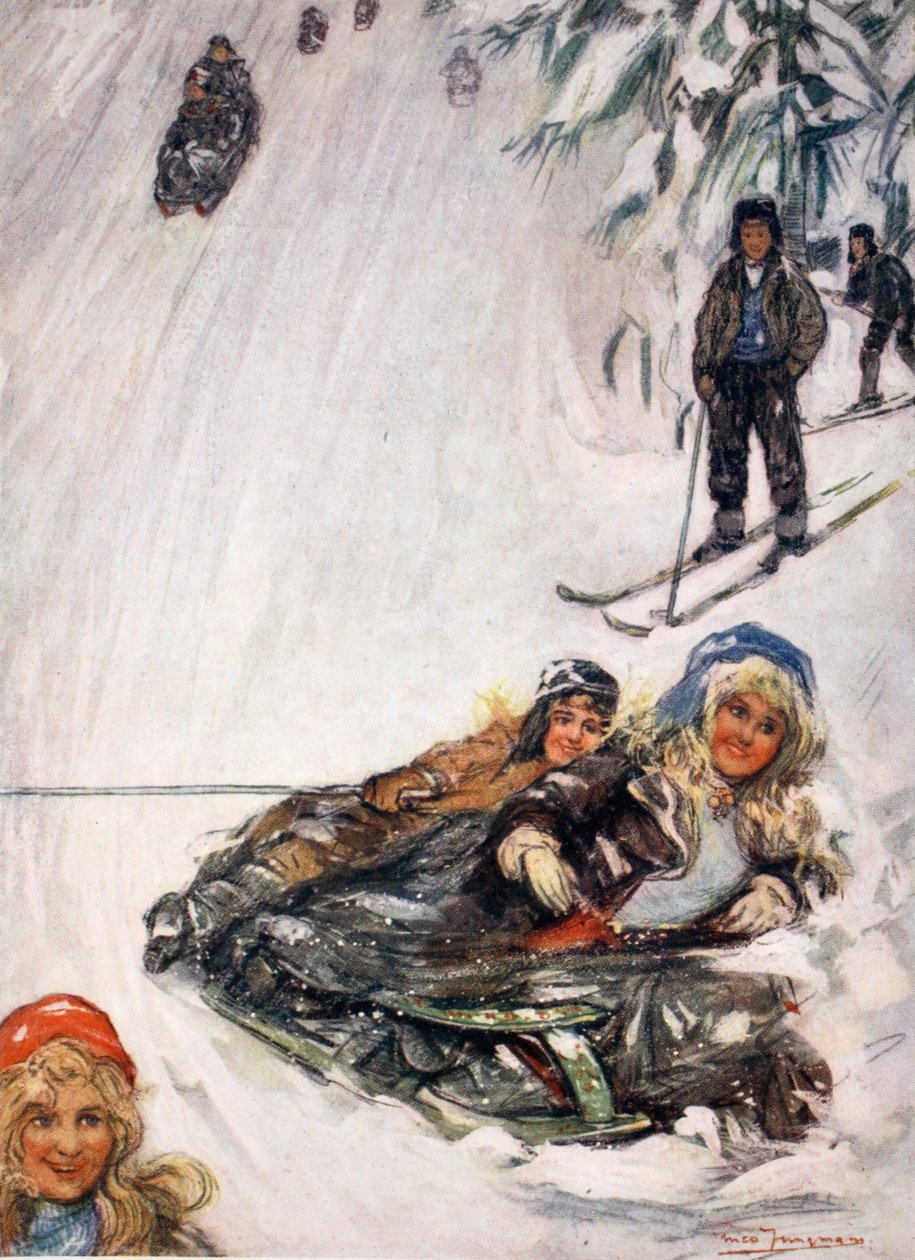 Jenter på veltet slede, Holmencollen, 1905 av Nico Jungman