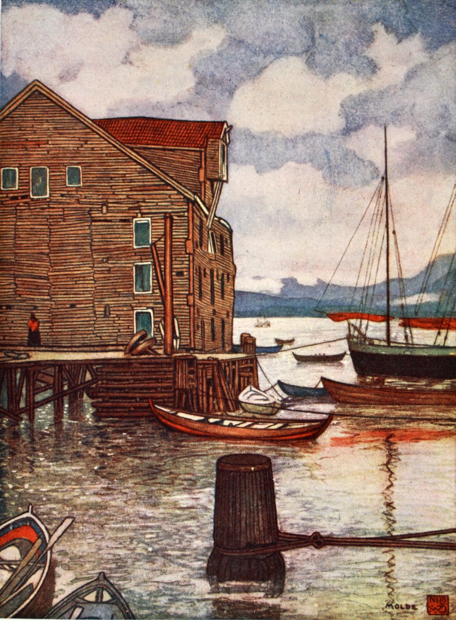 Gammelt pakkhus og båter, Molde, 1905 av Nico Jungman