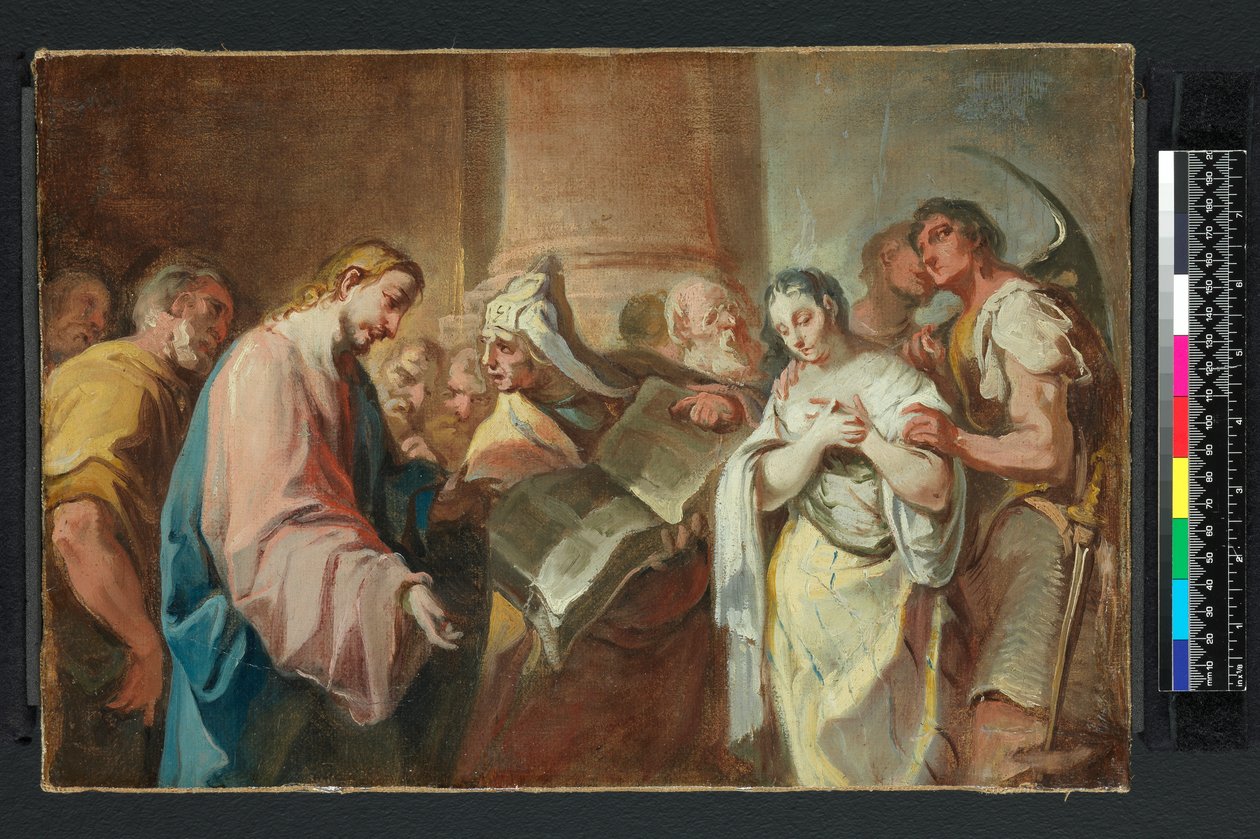 Kvinnen tatt i utroskap, før 1750 (olje på lerret) av Nicolò (attr. to) Grassi