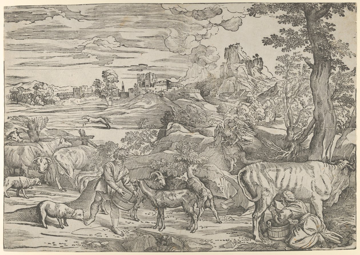 Landskap med en melkepike til høyre og en gutt til venstre, ca. 1535-40., ca. 1535-40. av Nicolò Boldrini