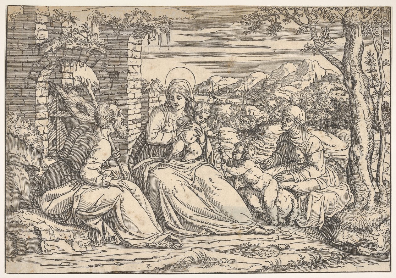 Den hellige familie med de hellige Elizabeth og Johannes, ca. 1550. av Nicolò Boldrini