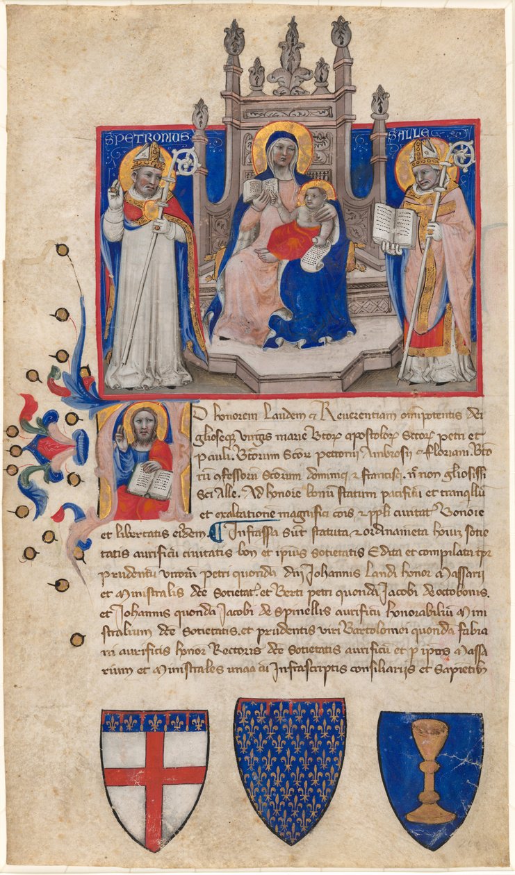 Madonna og barn på tronen mellom de hellige Petronius og Alle (Eligius); Kristus i innledende A av Nicolò da Bologna