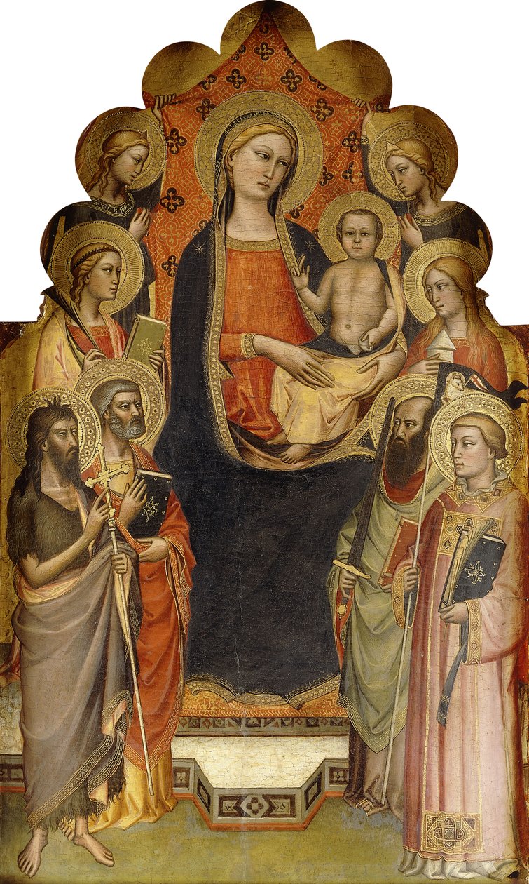 Madonnaen og barnet tronet med de hellige døperen Johannes, Peter, Maria Magdalena, Paulus og Stefanus, en kvinnelig martyrhelgen og engler, av Nicolò di Pietro