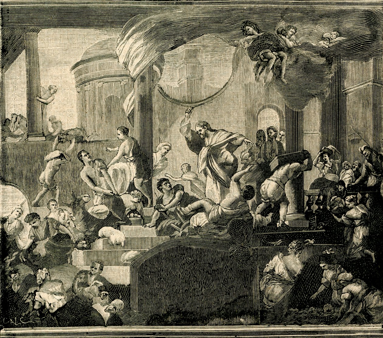 Jesus driver kjøpmenn fra tempelet, olje på lerret av Nicola Malinconico (1663-1721), Basilica of Sant