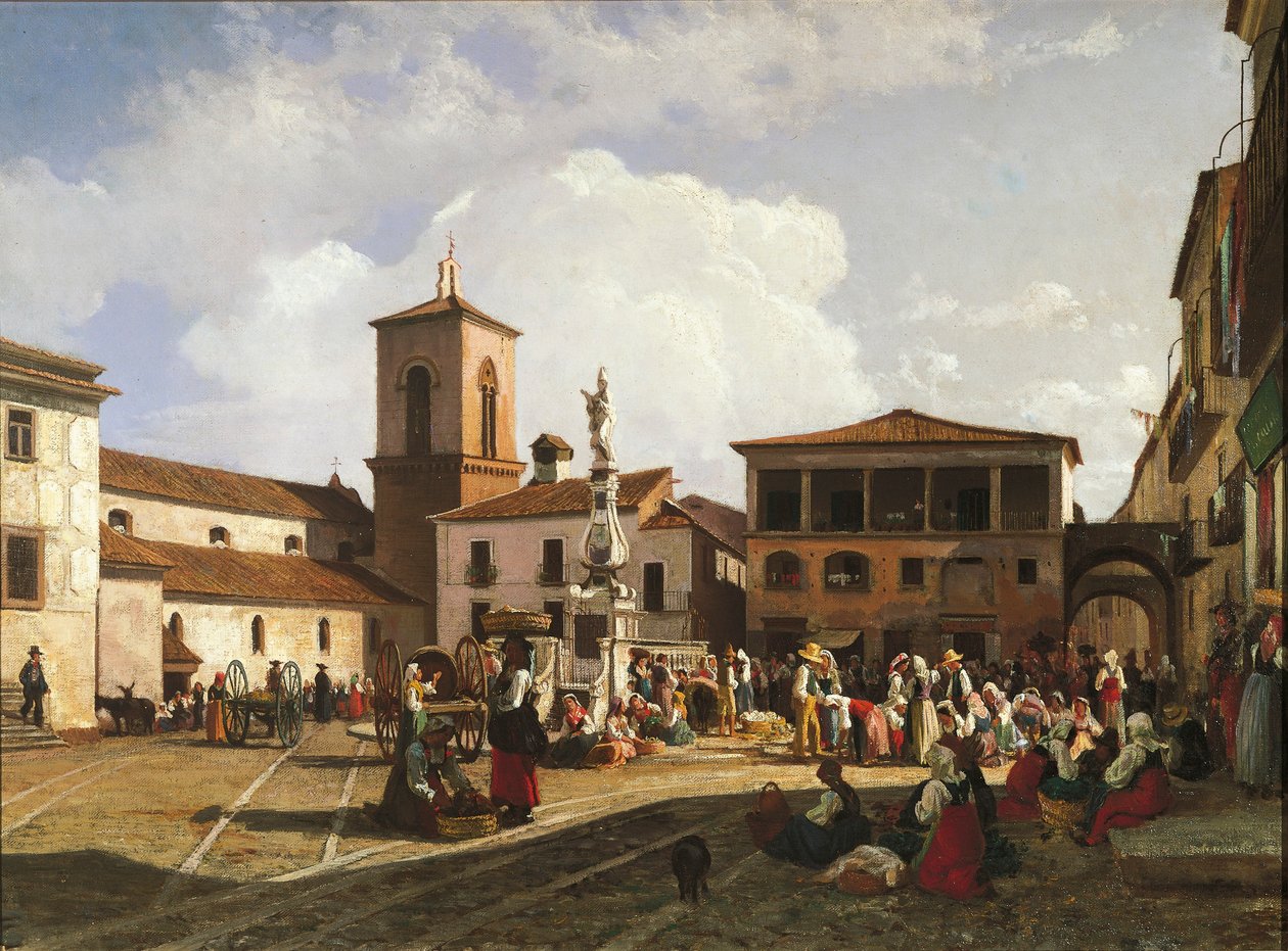 Benevento (Campania-regionen), Orsini-plassen med katedralens klokketårn og fontenen dedikert til pave Orsini (olje på lerret) av Nicola Palizzi