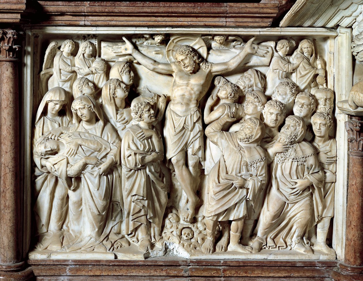 Italia, Toscana, Pisa, Piazza dei Miracoli, katedral, marmorprekestol, panel med korsfestelse av Giovanni Pisano av Nicola Pisano