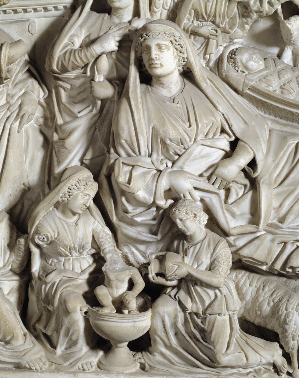 La nativite (nativity) Detaljstol realisert av Nicola Pisano (1215 / 20-1278 / 84) (Marmorprekestol) 1260 Baptistere Saint John of Pisa (Battistero san Giovanni di Pisa), Italia av Nicola Pisano