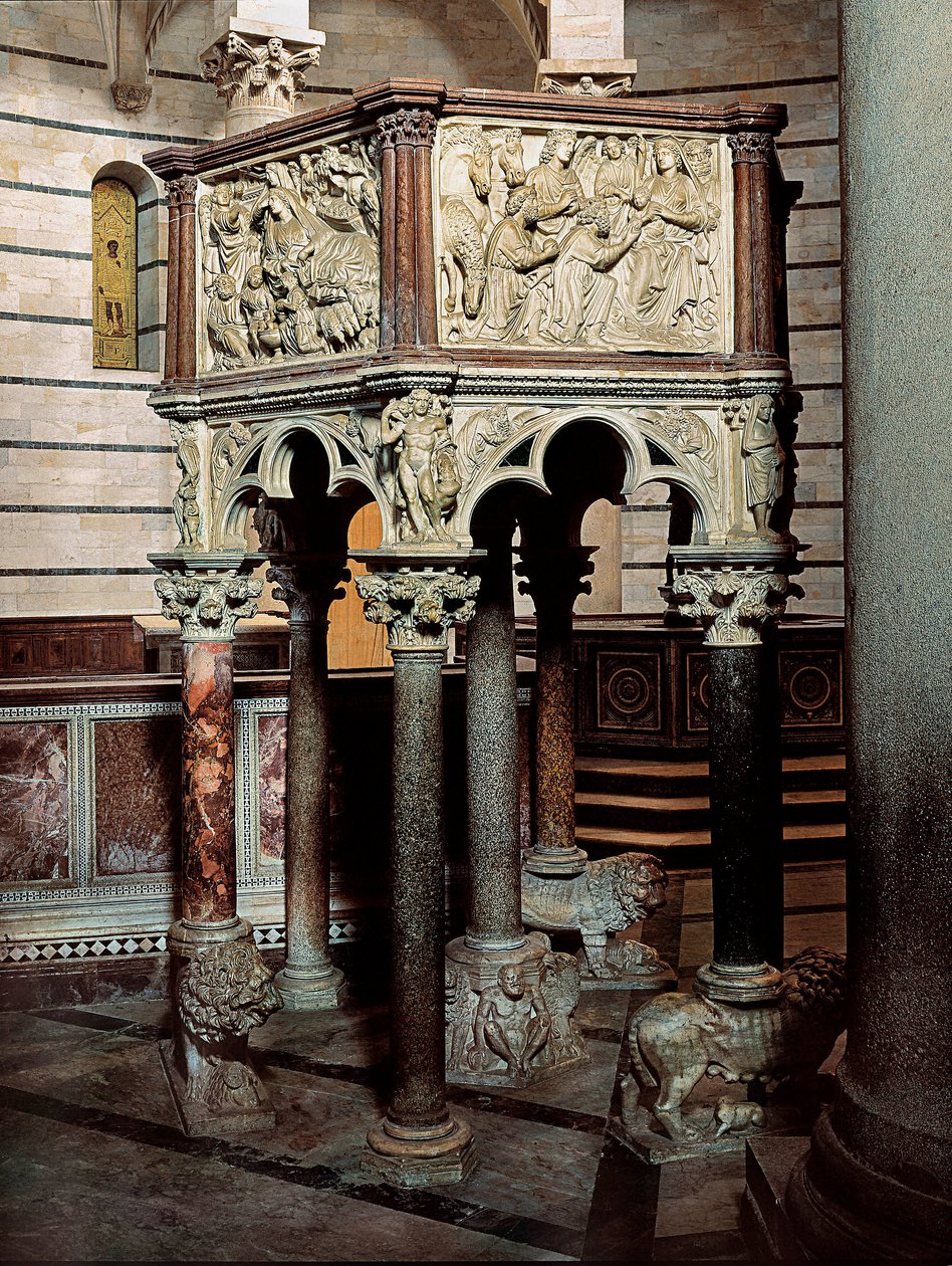 Marmorprekestol av en kirke, i dåpskapellet i Pisa 1260 (lavt relieff) av Nicola Pisano