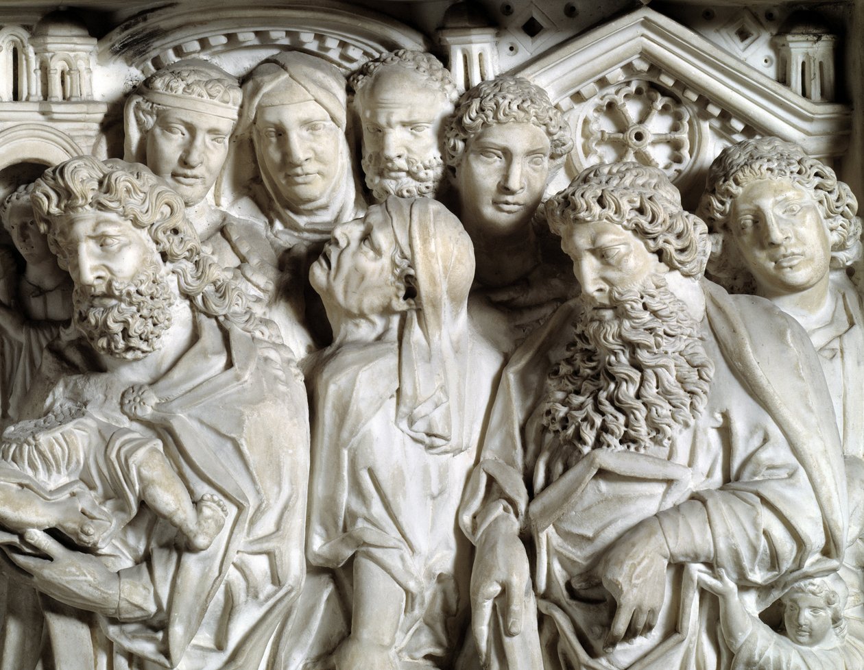 Presentasjon av Jesus til templet (Presentasjon av Jesus til templet) Detalj Stol realisert av Nicola Pisano (1215/20-1278/84) (Marmorprekestol) 1260 Baptistere Saint John of Pisa (Battistero san Giovanni di Pisa), Italia av Nicola Pisano