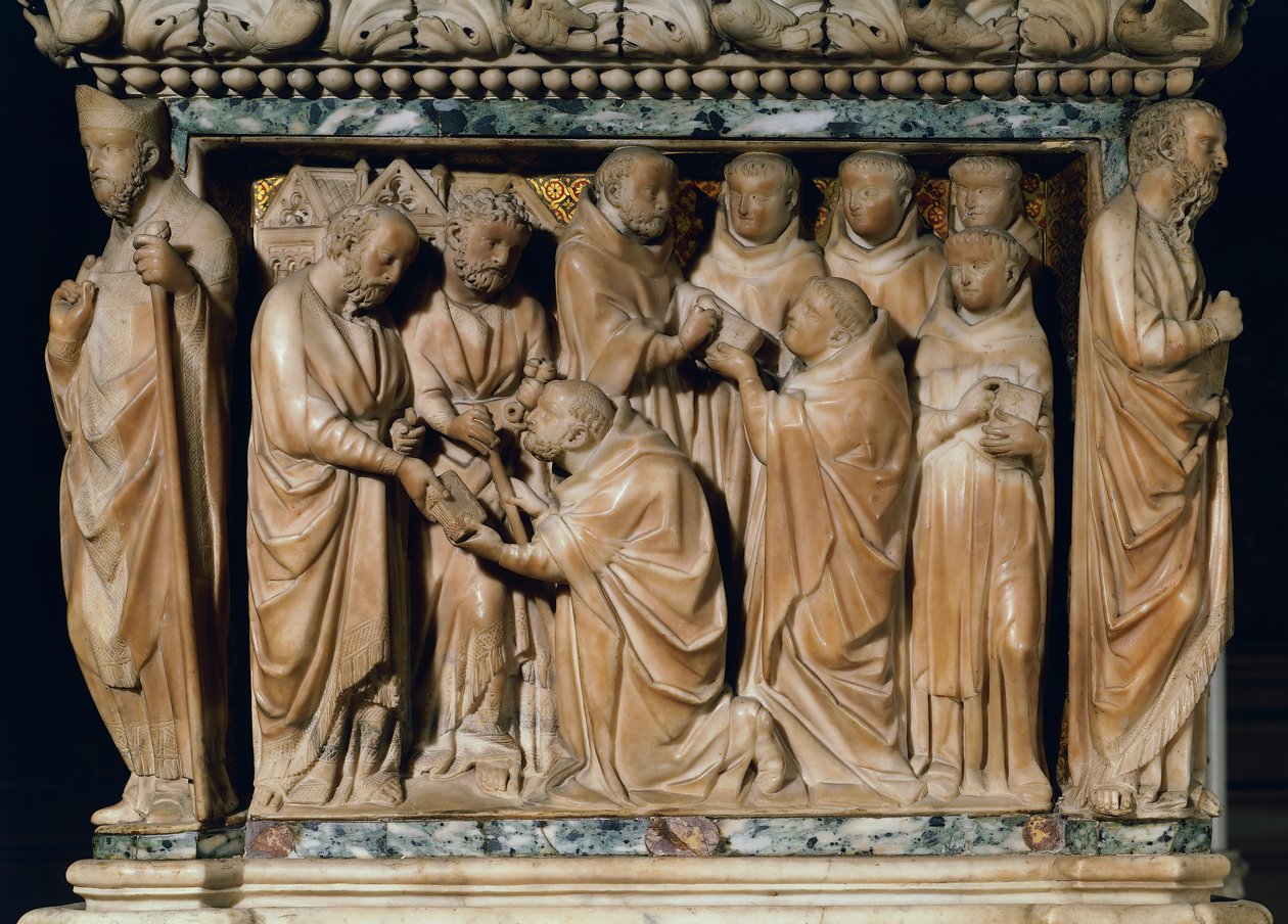Apostlene Peter og Paulus viser seg for Saint Dominic, dekorativt relieff fra Arca di San Domenico, av Nicola Pisano og hans verksted, marmor, kapellet San Domenico, Basilica of San Domenico, Bologna, Emilia-Romagna, Italia av Nicola Pisano