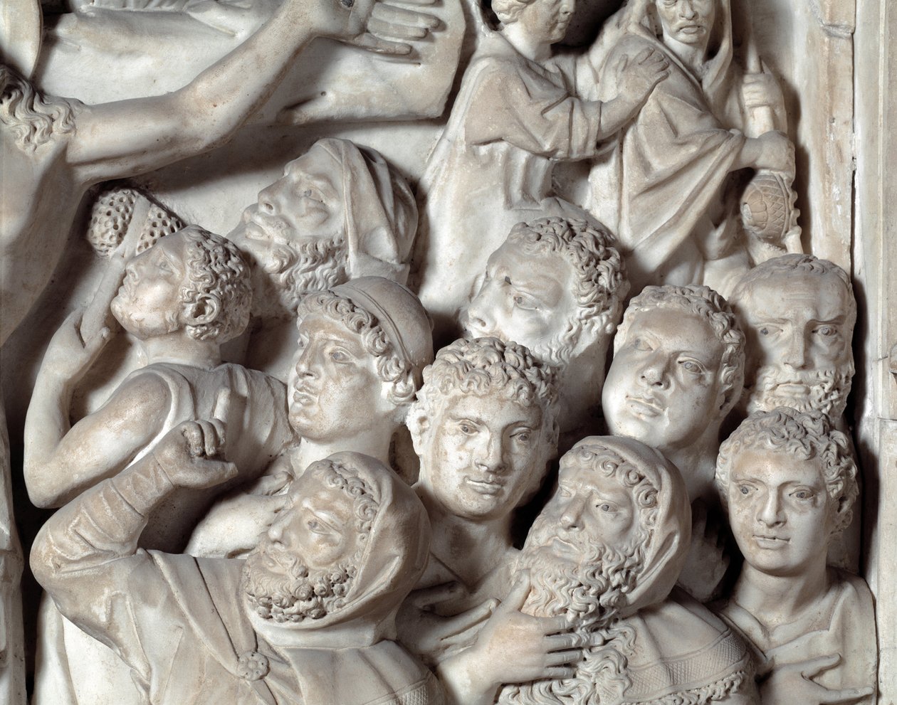 The Crucifixion Detail Chair realisert av Nicola Pisano (1215 / 20-1278 / 84) (Marmorprekestol) 1260 Baptistere Saint John of Pisa (Battistero san Giovanni di Pisa), Italia av Nicola Pisano