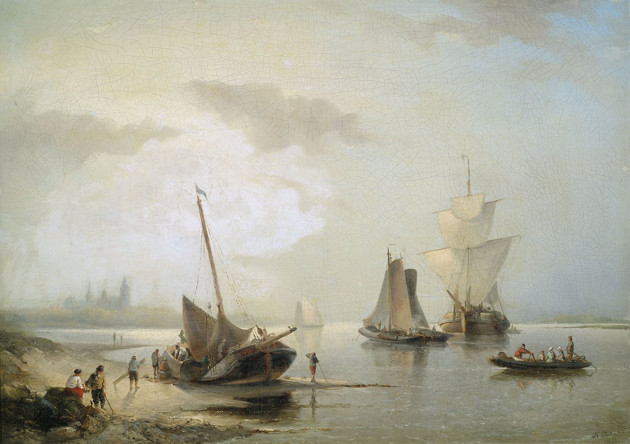 Seilskip på den nederlandske kysten i morgenlyset av Nicolaas Riegen