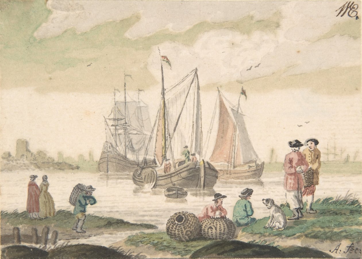 Havlandskap med syv figurer og en hund, 1733-93. av Nicolaas Aartman
