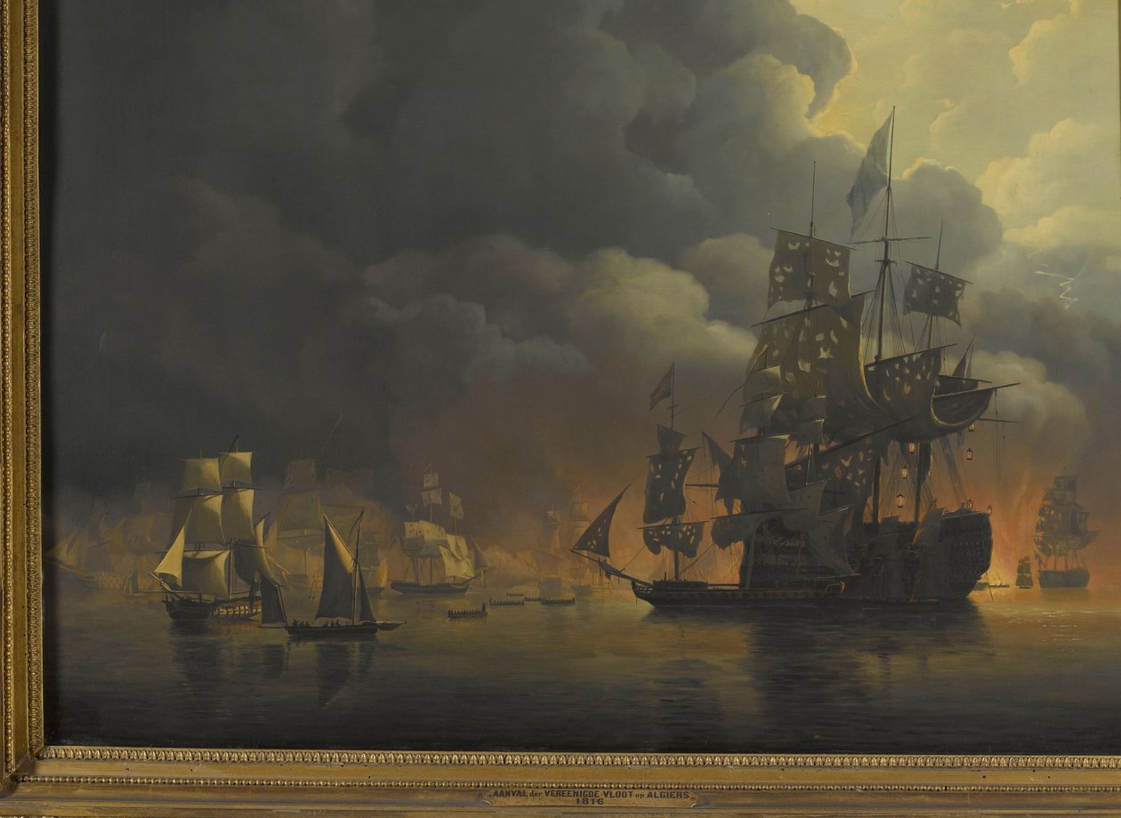 Den anglo-nederlandske flåten under Lord Exmouth og viseadmiral Jonkheer Theodorus Frederik van Capellen satte ut de algeriske høyborgene, 27. august 1816 Fire episoder under tilstedeværelsen av den anglo-nederlandske flåten i Algerbukta, 26. til 27. augus av Nicolaas Baur