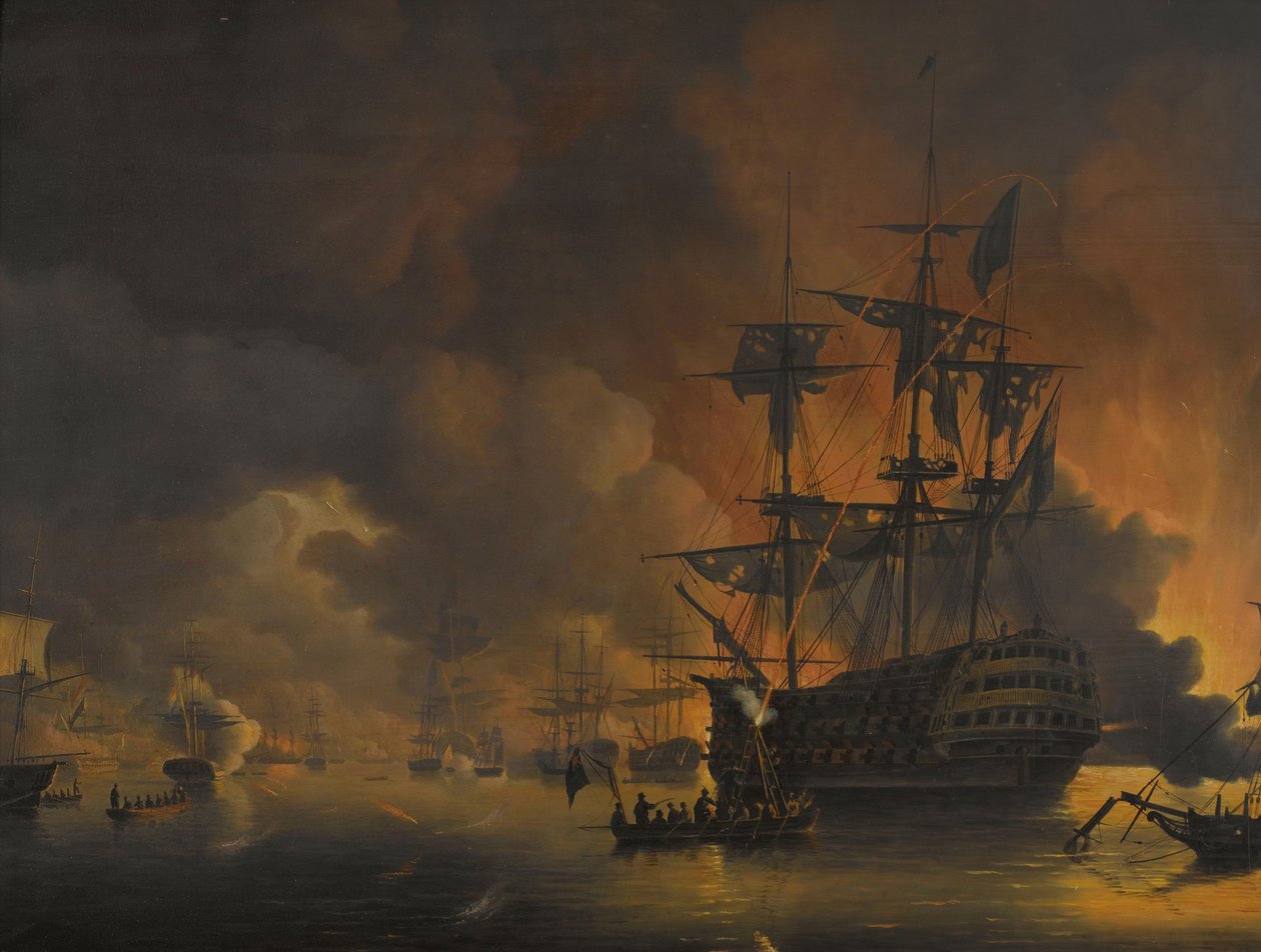 Brannen på bryggene i Alger, kort tid etter begynnelsen av bombardementet av den anglo-nederlandske flåten, 27. august 1816 Fire episoder under tilstedeværelsen av den anglo-nederlandske flåten i Algerbukta, 26. til 27. august 1816 (serietittel) av Nicolaas Baur