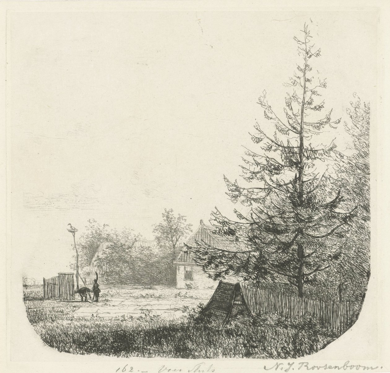 Trefylt landskap med et storkereir av Nicolaas Johannes Roosenboom