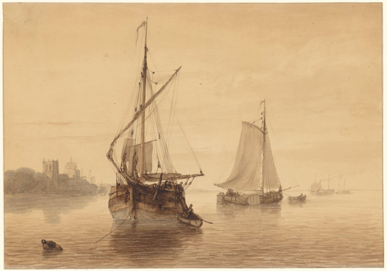Elvelandskap med noen skip av Nicolaas Johannes Roosenboom
