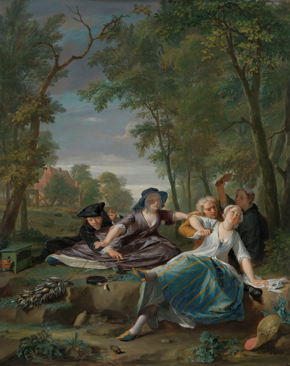 Sjangerscene med elegante unge par i et landskap av Nicolaas Verkolje