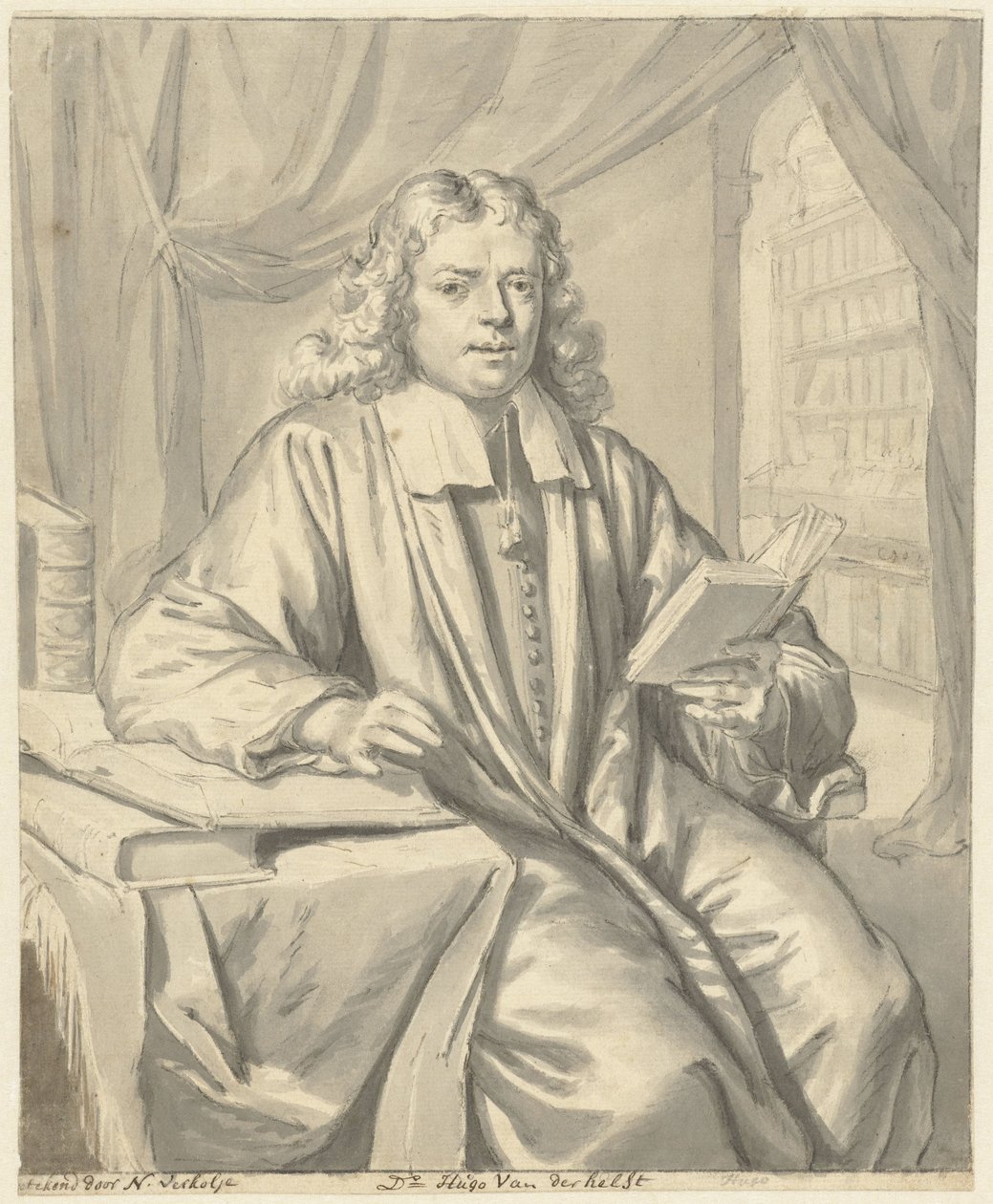 Portrett av Dr. Hugo van der Helst i et studierom av Nicolaas Verkolje