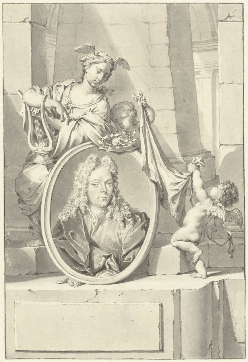 Putti og en kvinne nær en medaljong med portrettet av Arnold Houbraken av Nicolaas Verkolje