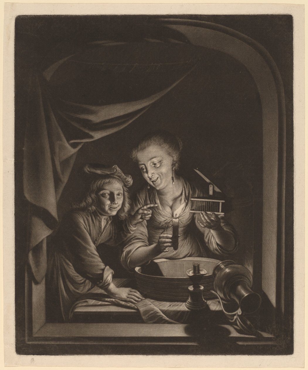 Hushjelp med musefelle av Nicolaas Verkolje after Gerrit Dou