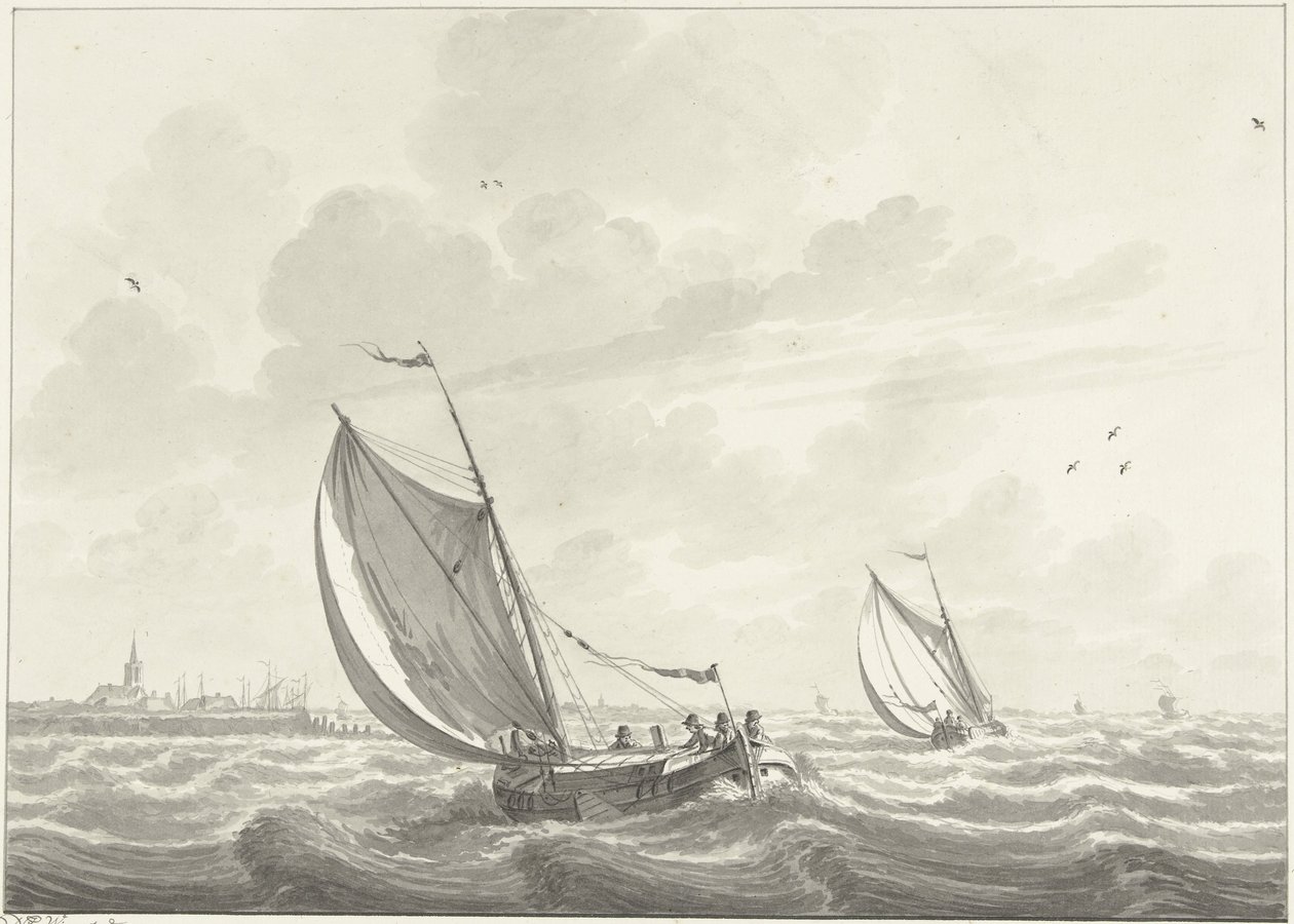 Skip under seil på Maas, i det fjerne landsbyene Oud og Nieuw Beijerland av Nicolaas Wicart